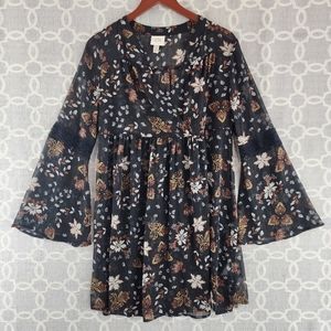 Knox Rose Floral Printed Bell Sleeve Wrap Tunic Mini Chiffon Dress M